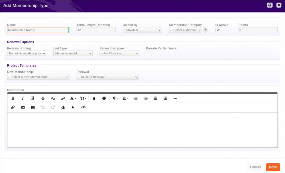 A screenshot of the Add Membership Type window.
