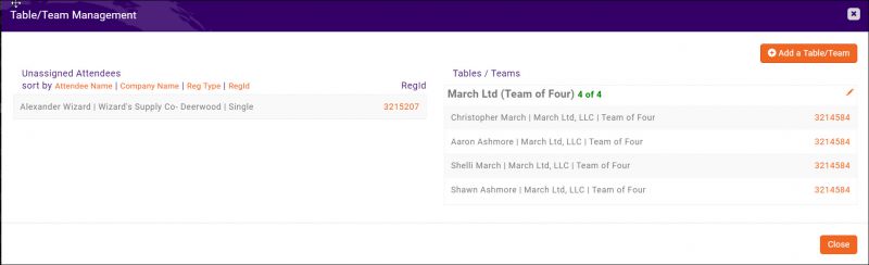 A screenshot of the Table/Team Management window.